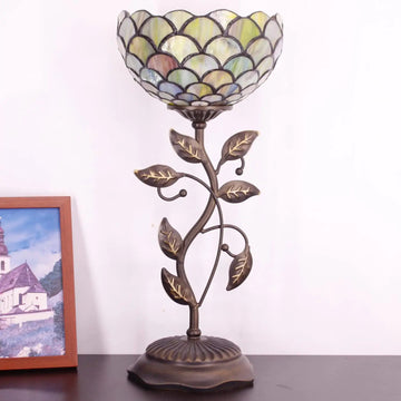 WERFACTORY Small Tiffany Table Lamp 8" Stained Glass Fish Scales Style Shade 19" Tall Antique Vintage Metal Leaf Base Mini Bedside Accent Desk Torchiere Uplight